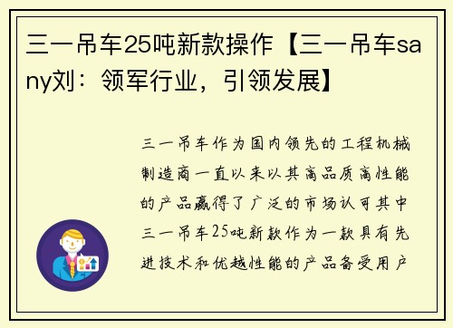 三一吊车25吨新款操作【三一吊车sany刘：领军行业，引领发展】