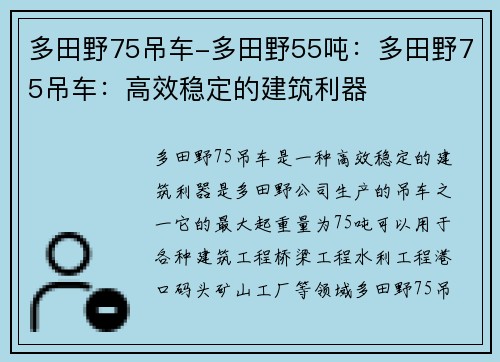 多田野75吊车-多田野55吨：多田野75吊车：高效稳定的建筑利器